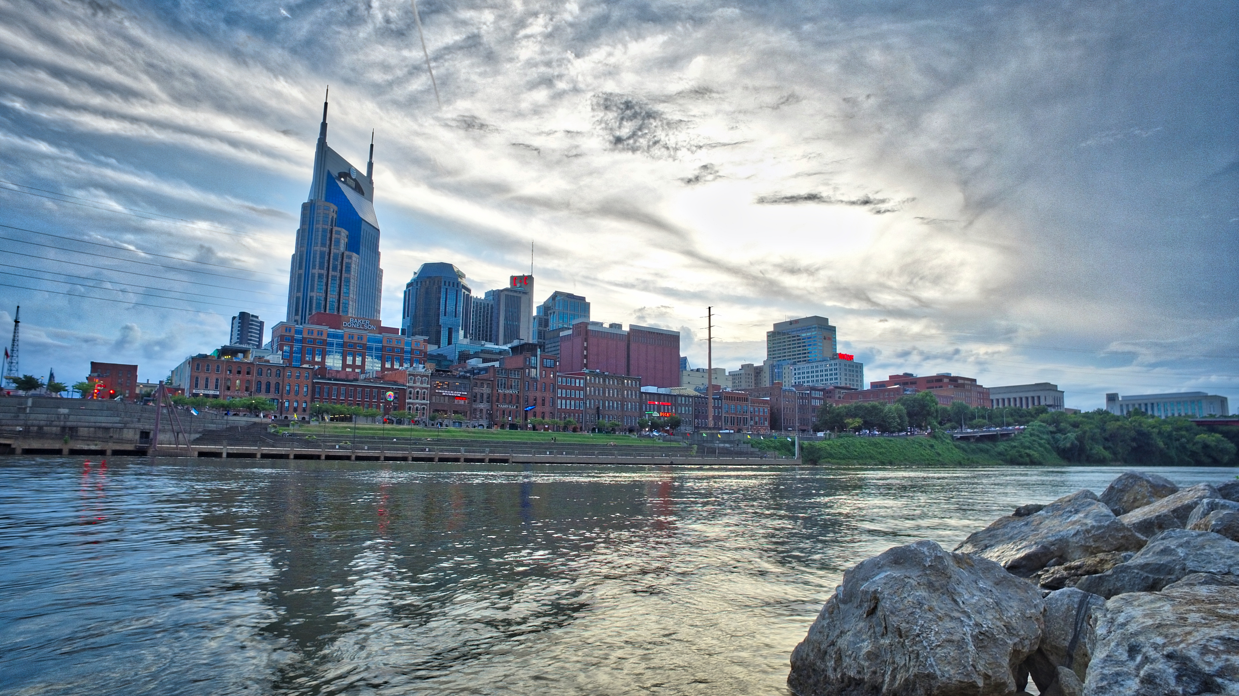 Nashville Tennessee skyline from the Cumberland River, Aug 2016