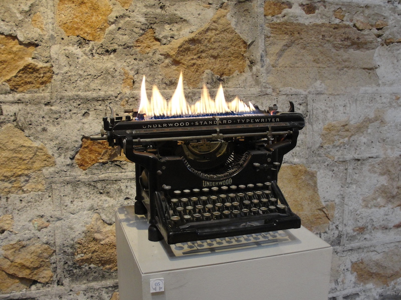 NAPA-Hess winery-flaming typewriter-by Leopoldo Maier-c2013 Carole Terwilliger Meyers.JPG