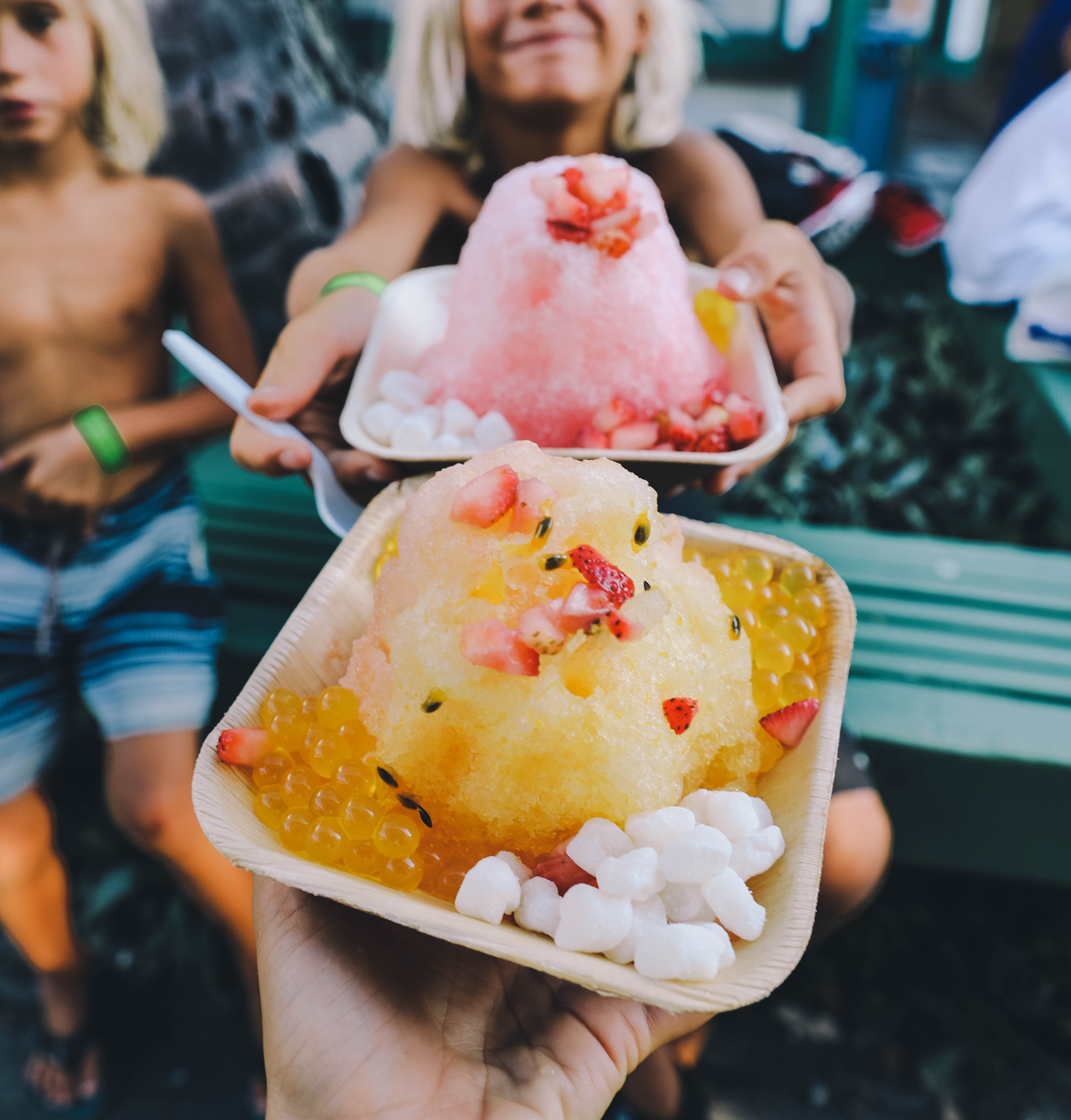 shaved ice and fruit snack close up