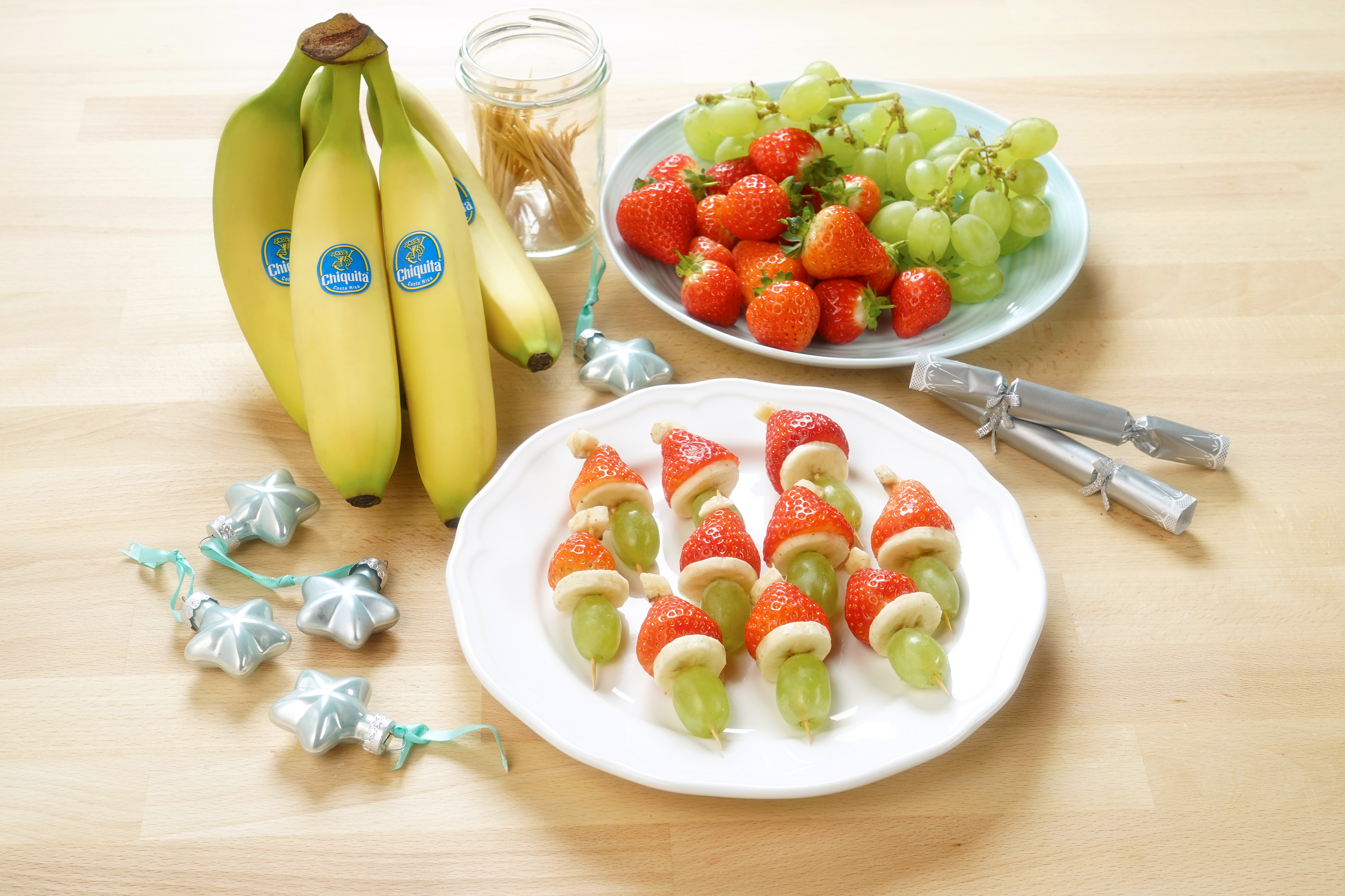 tropical sausage and grilled banana kebabs